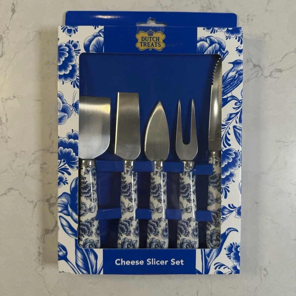 Dutch Treats Holland Delft Porcelain Cheese Knife Slicer Set o 5 Stainless Steel